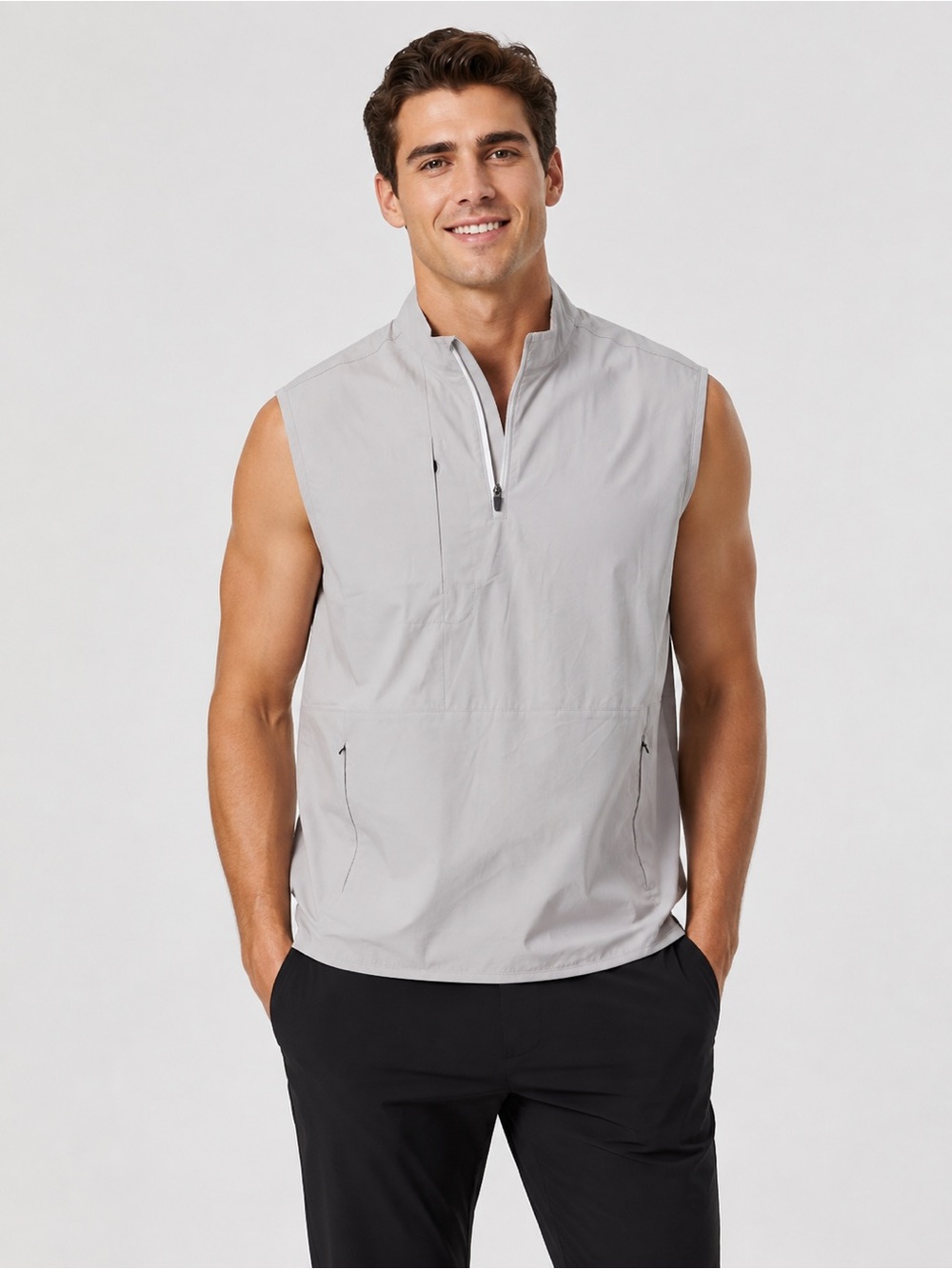 Men's Light Gray Sleeveless Zip-Front Jacket Vest - Picture 1 of 3
